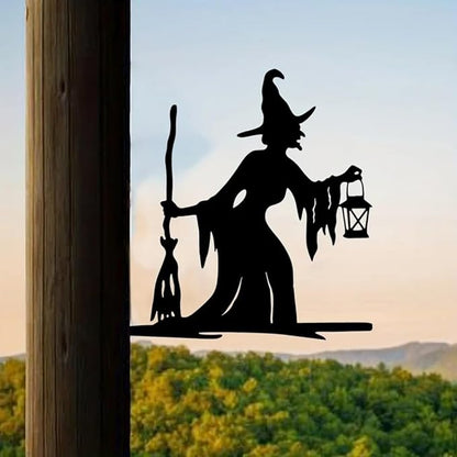 Witch Lantern on Branch Steel Silhouette Outdoor Decor Metal Wall Art Home Garden Yard Patio Outdoor Statue Stake Decor, Black