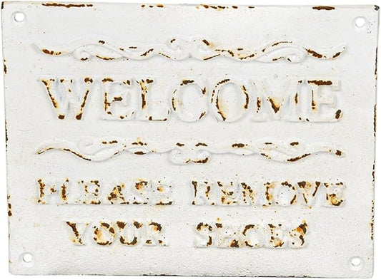 Sungmor Rustful Crafts Cast Iron WELCOME sign with PLEASE REMOVE YOUR SHOES Reminds, Front Door Marker for Guiding Guests' Take Off Shoes, Vintage Hanging Welcome Signs Indoor Outdoor Home Decor