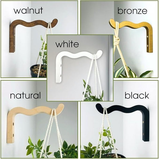 EvenWood 2-Piece Set of Wavy Wooden Wall Planters for Indoor Plants 6 Inch - Natural Plant Hook for Wall Plant, Wind Chimes, Flower Brackets, Patio Garden Decorations - Bracket Plant Hanger (White)