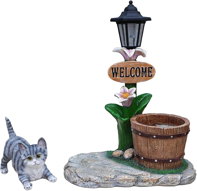 20" Solar Cat Garden Statue with Welcome Sign & Planter - Large Cat Sculpture with LED Street Lantern - Weatherproof Resin Decorative Flower Pot for Porch, Yard & Patio - Pet Lover Gift