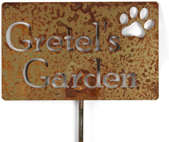 Classic Metal Garden Markers Clearance Items 20 to 33 Inches Tall (Gretel with paw print 21", Naturally Rusted)