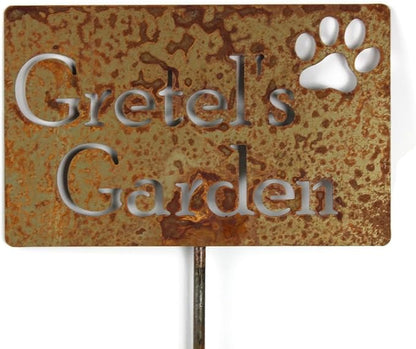 Classic Metal Garden Markers Clearance Items 20 to 33 Inches Tall (Gretel with paw print 21", Naturally Rusted)