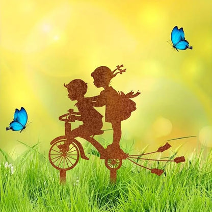 Rusty Metal Bicycle Art Silhouettes Garden Fence Decor Boy and Girl Robin Steel Country Garden Yard Art Gardening Decoration, MELI36