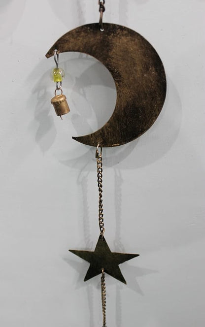 43 Inch Metal Sun Moon Star Wind Chime – Antique Bronze Celestial Wall Hanging with Bells – Handcrafted Boho Home & Garden Decor for Balcony, Patio, Porch, Entryway.