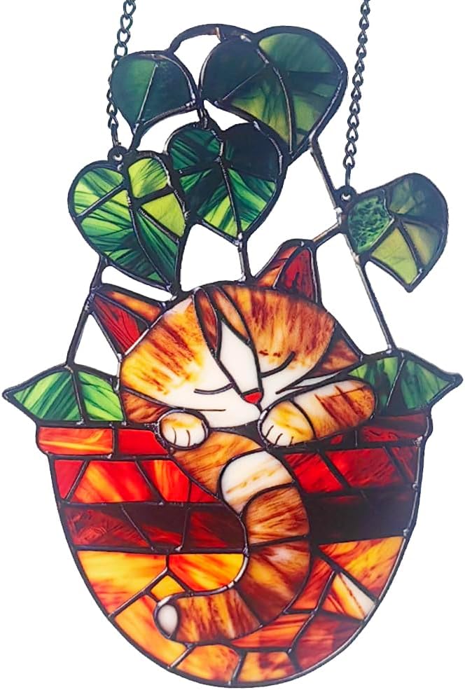 Planter Cat Window Hanging,Stained Acrylic Cat Sun Catcher for Home Office Wall Window Decor