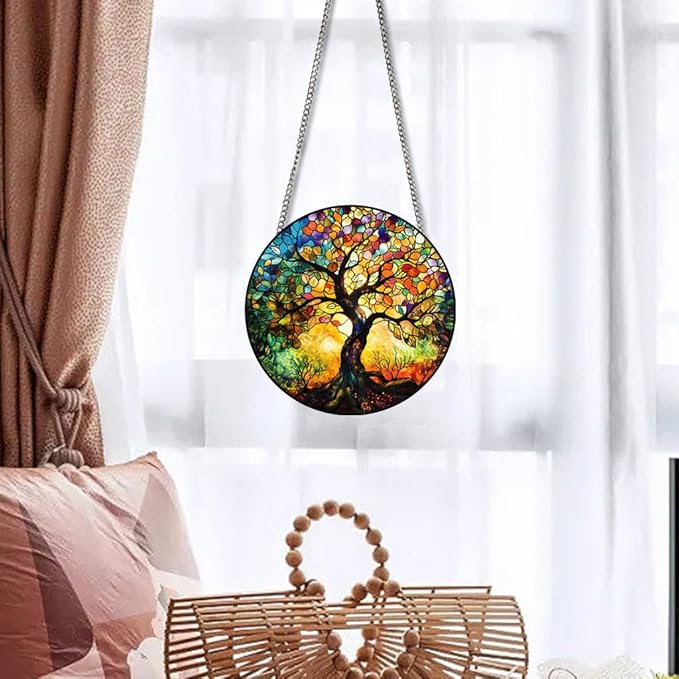 Tree of Life Stained Window Hangings with Chain – Decorative Acrylic Ornament for Windows, Walls, Doors and Gardens, Suitable for Birthday, Mother's Day and Housewarming Gifts
