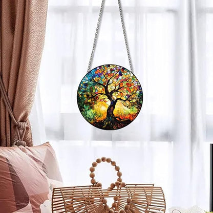 Tree of Life Stained Window Hangings with Chain – Decorative Acrylic Ornament for Windows, Walls, Doors and Gardens, Suitable for Birthday, Mother's Day and Housewarming Gifts