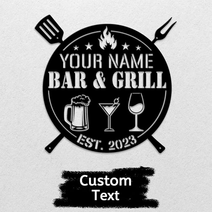 MeMate Bar & Grill Signs,Large Metal Sign Outdoor,BBQ Zone Sign,Grill to Personalize,Personalized Barbecue Signs Kitchen Decor,Custom Name Outdoor Plaques for Backyard Oasis Patio,Bar & Grill (Black)