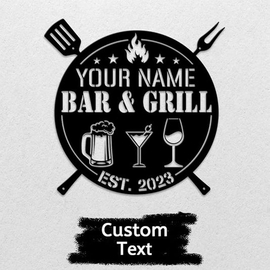 MeMate Bar & Grill Signs,Large Metal Sign Outdoor,BBQ Zone Sign,Grill to Personalize,Personalized Barbecue Signs Kitchen Decor,Custom Name Outdoor Plaques for Backyard Oasis Patio,Bar & Grill (Black)