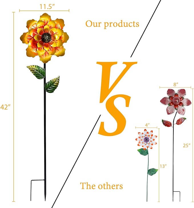 Metal Flower Garden Stake Yard Art Garden Decor, 42" Large Handcrafted Gold Metal Outdoor Decor Lawn Ornaments Grave Decorations for Cemetery