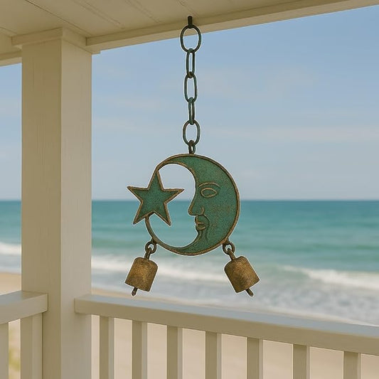Metal Moon and Star Wind Chime, 13 Inch Celestial Garden Decor, Green Patina Finish with Rustic Copper Bells, Outdoor Hanging Accent