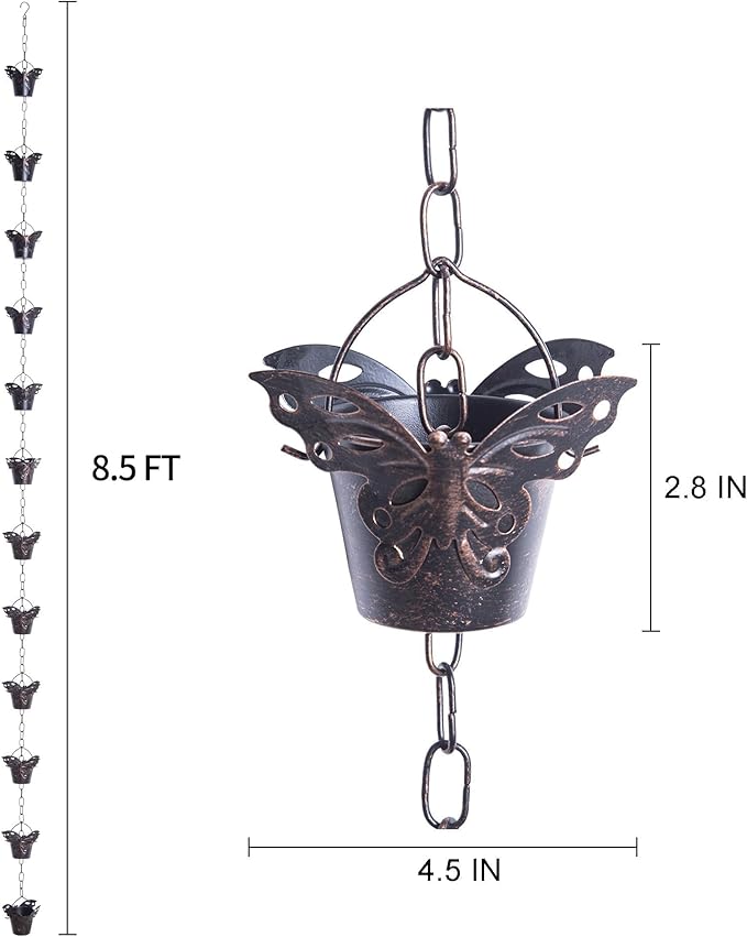DUSVALLY 8.5FT Metal Butterfly Rain Chain, Functional and Decorative Replacement for Gutter Downspouts, Divert Water and Home Display, Adjustable Length, 12 Cups, Black