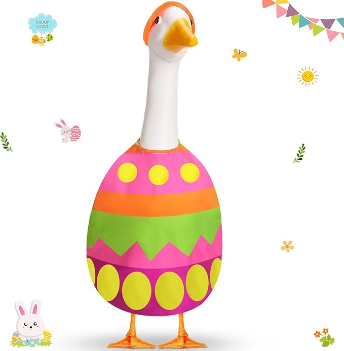 FuWeave Easter Bunny Goose Outfit Easter Egg Porch Goose Costume for Cement Plastic Geese Statue Spring Outdoor Garden Yard Patio Decoration(Bright,23 Inches,Egg)