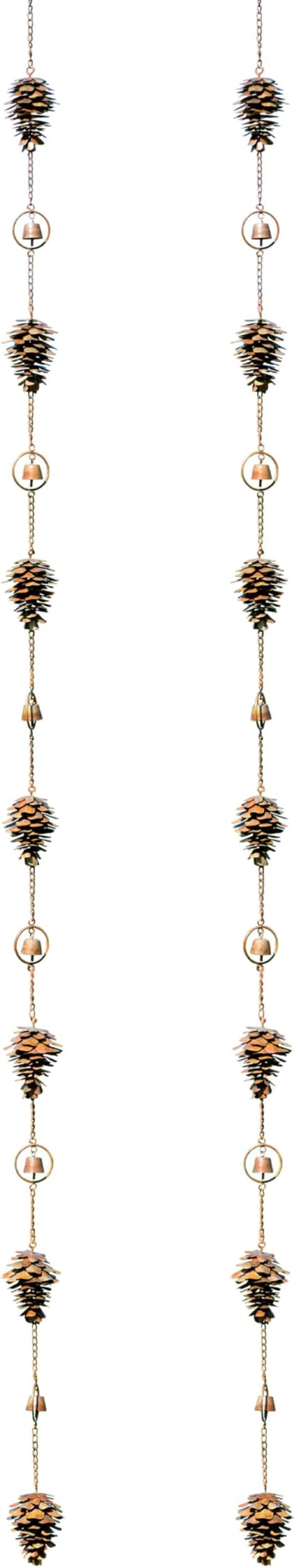 Ancient Graffiti Pine Cones and Bells Rain Chains, Flamed Copper Color, Pack of 2 – Metal Downspout Replacement with Pine Cone Motif, Bells & Gutter Clips, 100 in