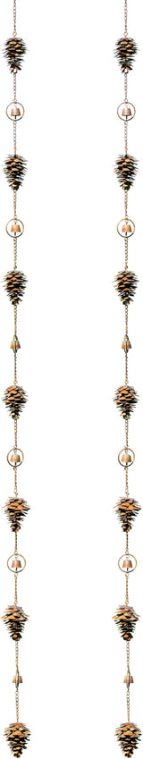 Ancient Graffiti Pine Cones and Bells Rain Chains, Flamed Copper Color, Pack of 2 – Metal Downspout Replacement with Pine Cone Motif, Bells & Gutter Clips, 100 in