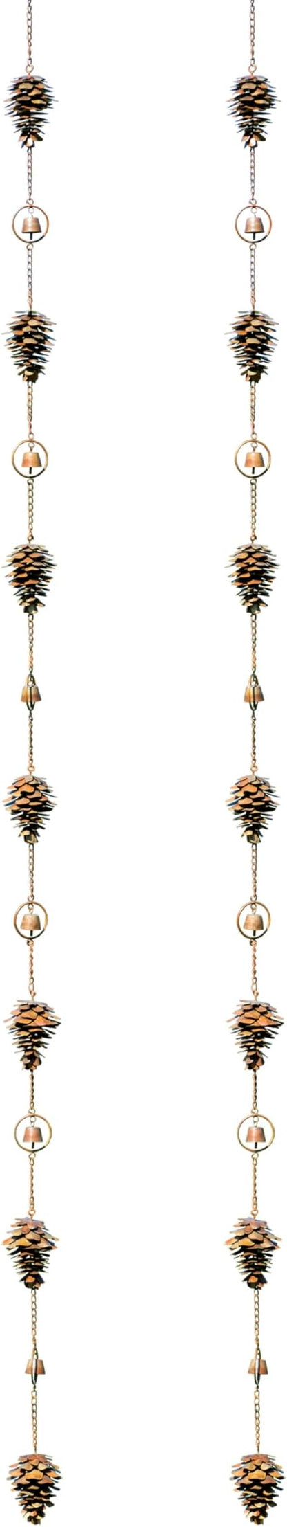 Ancient Graffiti Pine Cones and Bells Rain Chains, Flamed Copper Color, Pack of 2 – Metal Downspout Replacement with Pine Cone Motif, Bells & Gutter Clips, 100 in