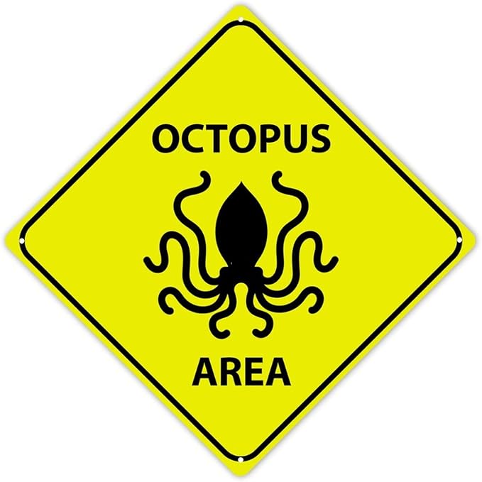 Octopus Crossing Xing Sign Beware of Octopus Metal Sign Ocean Animal Funny Warning Sign Crossing Zone Sign for Farm Yard Front Door Indoor Outdoor Street Sign 15x15in