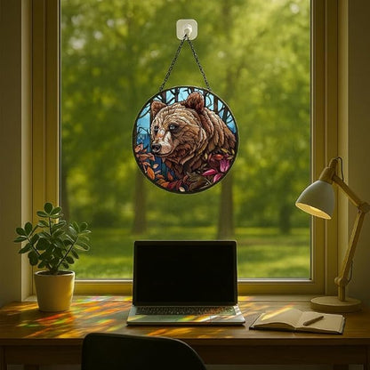 Stained Glass Window Hanging Bear with Leaves 11.8in Sun Catchers Panel for Indoor Decorative Display for Mom Wife Lovers Festive