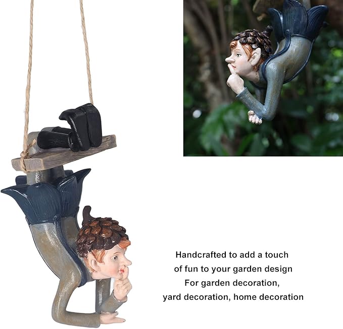 Outdoor Cute Hanging Statue Hanging Elf Statue Resin Swinging Garden Decoration Swing Elf Figurine for Fairy Garden Outdoor