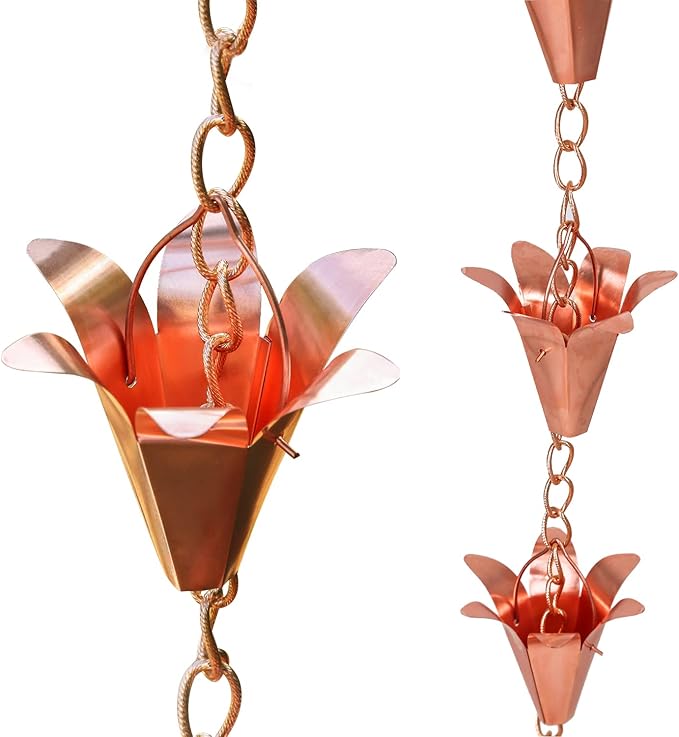 Topadorn Rain Chain Pure Copper Lily Rain Chains Decorative Rain Chain Bell Decor, 8-1/2 Length
