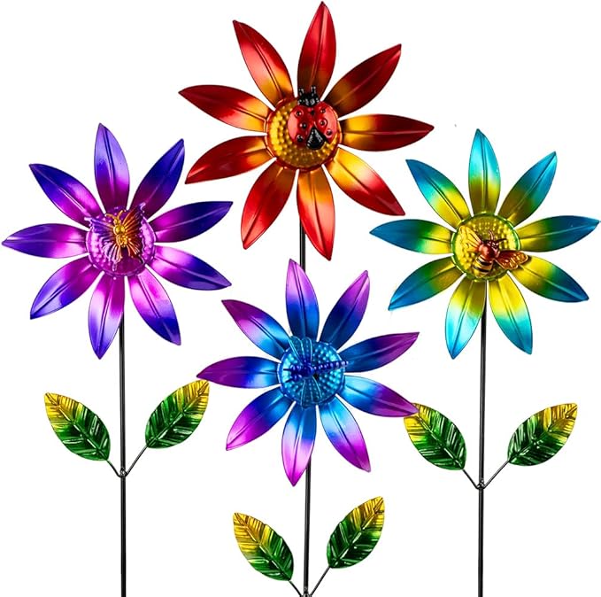 4 Packs Wind Spinner Outdoor, Pinwheels for Yard and Garden, Metal Flower Decorative Garden Stakes for Lawn Patio Porch Decor