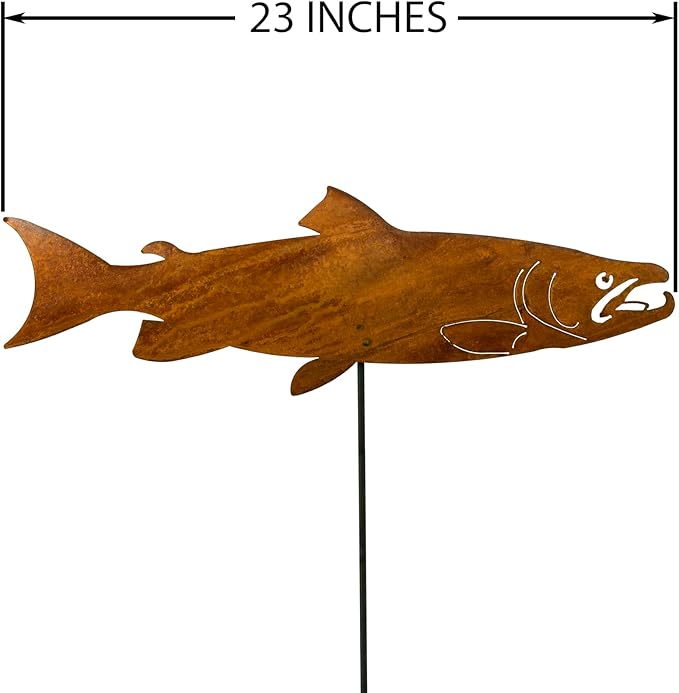 Swimming Salmon Garden Stake Set of 3, Made in USA, Rusty Steel, Real Rust Finish (Large)