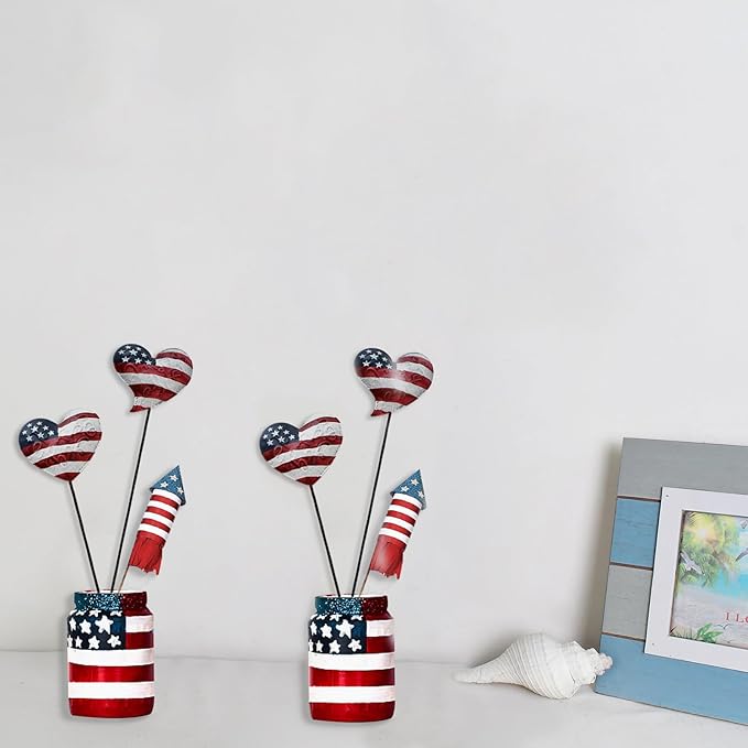 4 Set 12.4" H Metal Heart American Flag Garden Stakes Patriotic US Flag Yard Signs Lawn Decor for Garden Patio Plant Pot Memorial Day 4th of July Independence Day Decorations