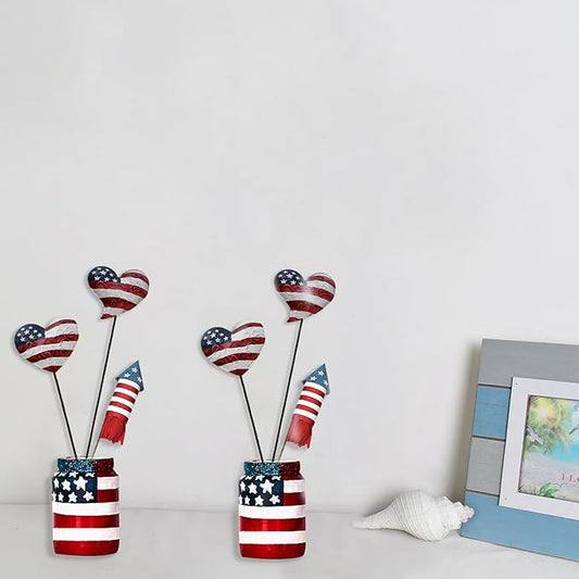 4 Set 12.4" H Metal Heart American Flag Garden Stakes Patriotic US Flag Yard Signs Lawn Decor for Garden Patio Plant Pot Memorial Day 4th of July Independence Day Decorations