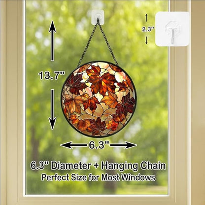 Round Colorful Maple Leaves Stained Glass Window Hanging Panel – Autumn Fall Suncatcher Wall Art for Home Window Decor and Gift