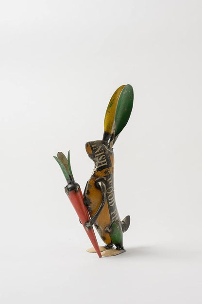 De Kulture Handcrafted Recycled Iron Gold Bunny with Carrot Decorative Collectible Figurine showpiece Beautify Home Office Holiday décor| Ideal for Garden Decoration, 5.5x2x9.5 (LWH) inches