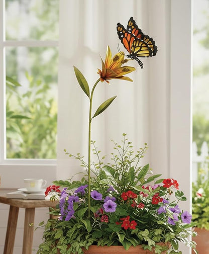 Regal Art & Gift Butterfly Flower Metal Garden Stake - Decorative Handcrafted Outdoor Metal Sculpture for Lawn, Patio & Garden Décor - Orange