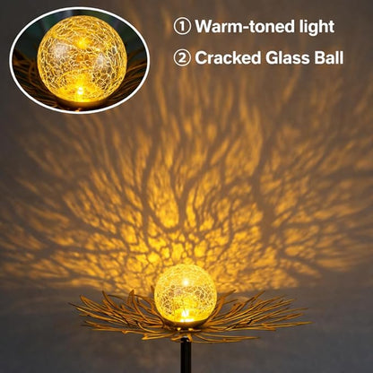 Solar Garden Lights Outdoor Decor, Metal Flower Stake Light with Warm White Crackle Glass Globe, Waterproof Decorative Solar Yard Art for Patio Lawn Backyard Pathway, Gardening Gift, Gold