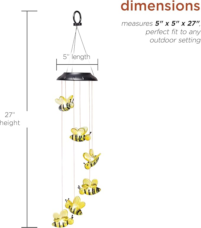 Alpine Corporation QLP832SLR Outdoor Solar Powered Wind Mobile with LED Bee Lights, LED Solar Lawn Décor, 27", Multicolor