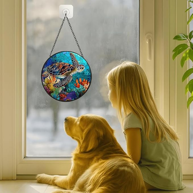 Stained Glass Window Hanging - Loving Cats with Heart Vines 11.8in Sun Catchers Indoor Stained Glass Panels Wall Decor for Mom,Wife,Lovers,Festive