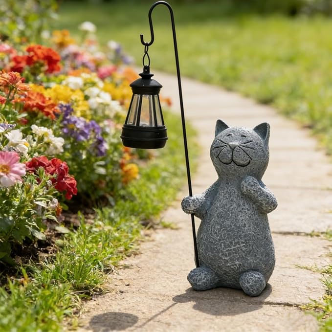 Cat Solar Garden Statues, Resin Cat Figurine Decorations,Outdoor Figurines for Lawn Patio Balcony Yard Ornament, Unique Housewarming and Birthdays Gifts for Mom Women Grandma