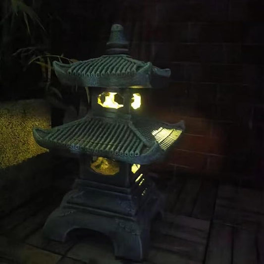 Buokai Solar Outdoor Garden Statue with 2 Tier Pagoda Lantern, Zen Japanese Style for Lawn Decoration and Christmas Ornament