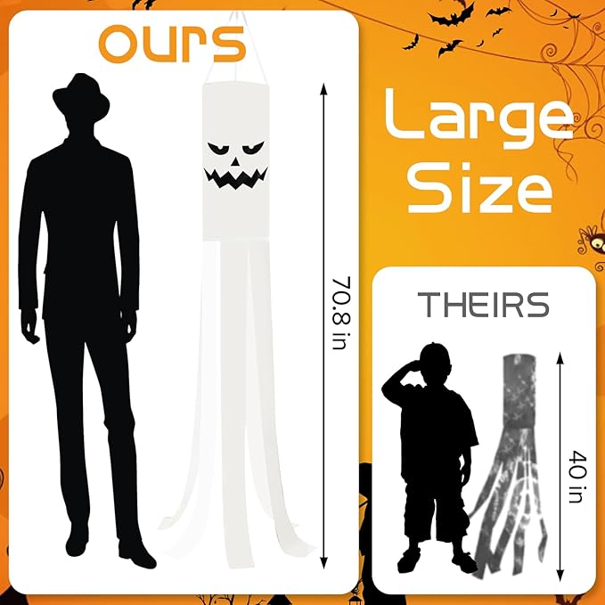 JXTON 2pcs 70inch Halloween Ghost Windsocks Flag with Lights Halloween Outdoor Hanging Decor for Yard Patio Garden Pathway Party Decoration