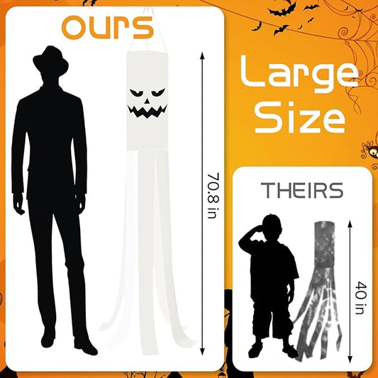 JXTON 2pcs 70inch Halloween Ghost Windsocks Flag with Lights Halloween Outdoor Hanging Decor for Yard Patio Garden Pathway Party Decoration