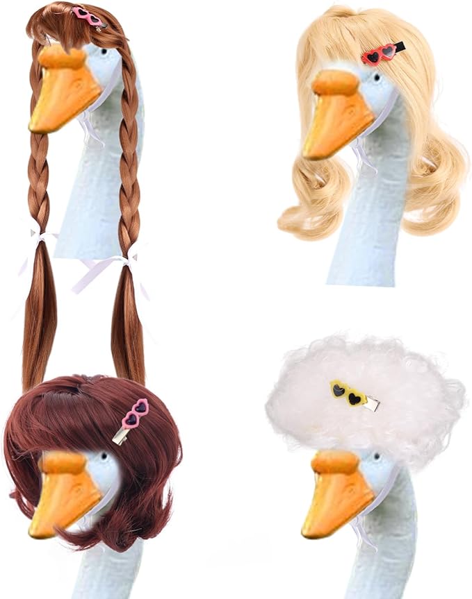 4pcs Porch Goose Wigs, 4 Styles Porch Goose Wigs with Hair Clips Wonderful Hair Accessories for 17in & 23in Garden Geese Statues