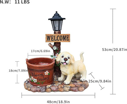 Solar Garden Statue with Planter & Solar Lantern, Outdoor Resin Animal Sculpture, Waterproof Yard Lawn Decor Pot for Succulents, Front Porch Ornament Housewarming Gift (Labrador Retriever Puppy)