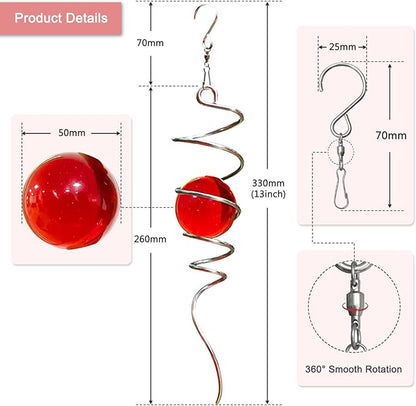 Gazing Ball Spiral Tail with Red Glass Orb, Wind Spinner Stabilizer, Spiral Wind Spinners Tail, Hanging Outdoor Garden Decor, Yard Art Ornament, Christmas Decoration, Sun Catcher 13inch