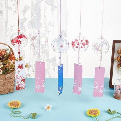 OLYCRAFT 5pcs 5 Styles Japanese Wind Chimes Cherry Blossom Theme Handcrafted Glass Wind Bells Glass Wind Bells Creative Hanging Pendants for Home Garden Wedding Indoor Outdoor Decoration