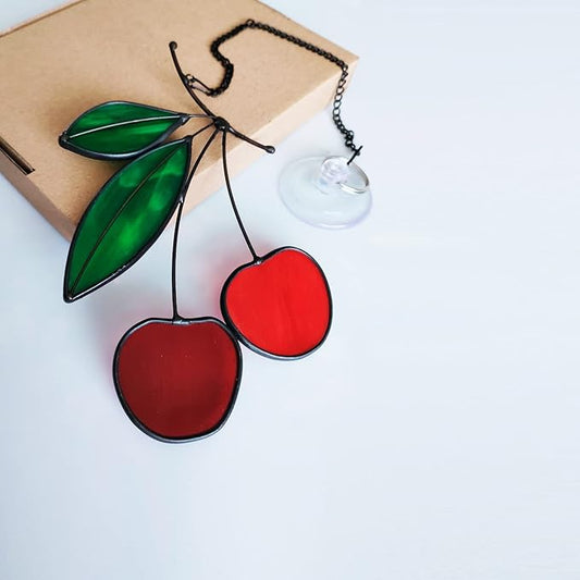 Stained Glass red Cherry Window Hanging Sun Catcher Christmas Thanksgiving Gifts Birthday Gifts for Lover and Friends