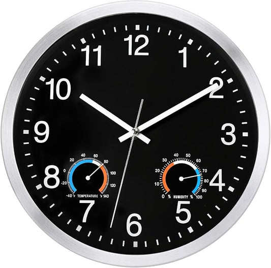 Caysie 12 Inch Indoor Outdoor Clocks Waterproof with Thermometer and Hygrometer Combo, Silent Battery Operated Quartz Metal Wall Clock for Patio Pool Bathroom Home (Black)