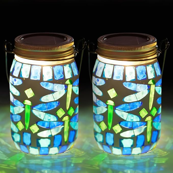 Starsoul 2 Pack Solar Hanging Lanterns Outdoor Waterproof, Mosaic Dragonfly Decor Glass Solar Outdoor Lights, Decorative Solar Lantern for Outside Pathway Patio Porch Yard Decor