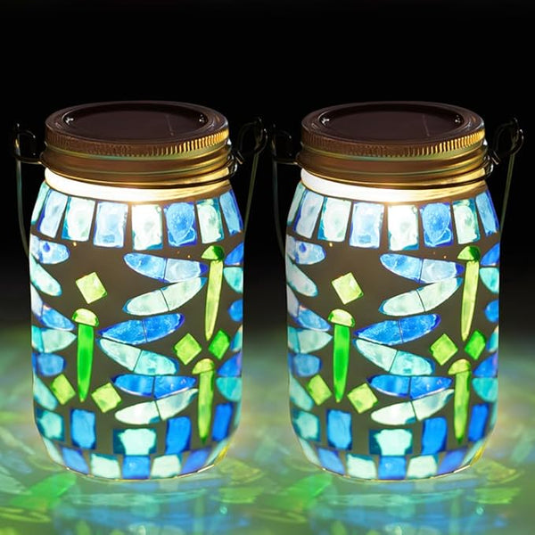 Starsoul 2 Pack Solar Hanging Lanterns Outdoor Waterproof, Mosaic Dragonfly Decor Glass Solar Outdoor Lights, Decorative Solar Lantern for Outside Pathway Patio Porch Yard Decor