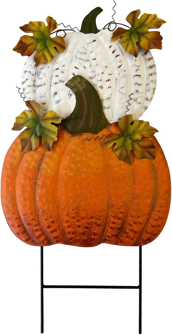 Rustic Metal Stacked Pumpkin Garden Stake Indoor Outdoor Welcome Decoration Hanging Metal Double Pumpkins Yard Signs for Fall Harvest Decor Thanksgiving Halloween Lawn Decoration