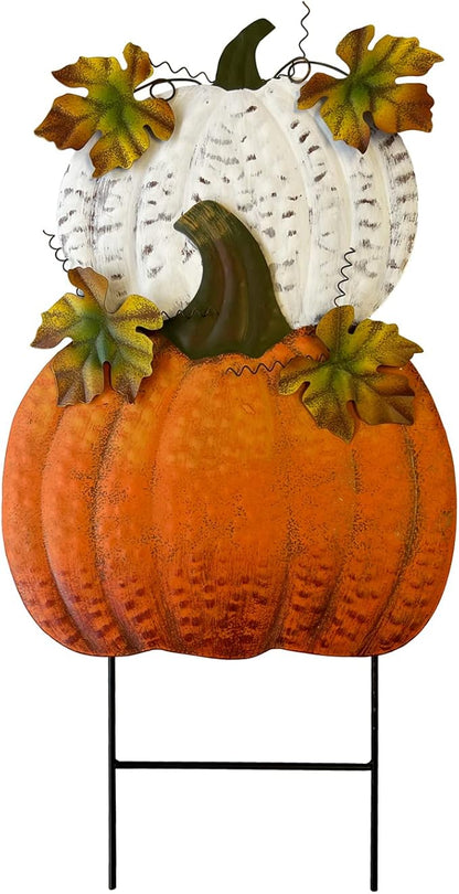 Rustic Metal Stacked Pumpkin Garden Stake Indoor Outdoor Welcome Decoration Hanging Metal Double Pumpkins Yard Signs for Fall Harvest Decor Thanksgiving Halloween Lawn Decoration