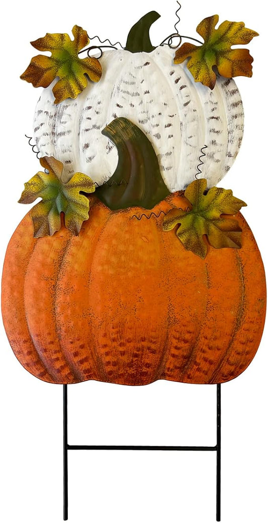 Rustic Metal Stacked Pumpkin Garden Stake Indoor Outdoor Welcome Decoration Hanging Metal Double Pumpkins Yard Signs for Fall Harvest Decor Thanksgiving Halloween Lawn Decoration