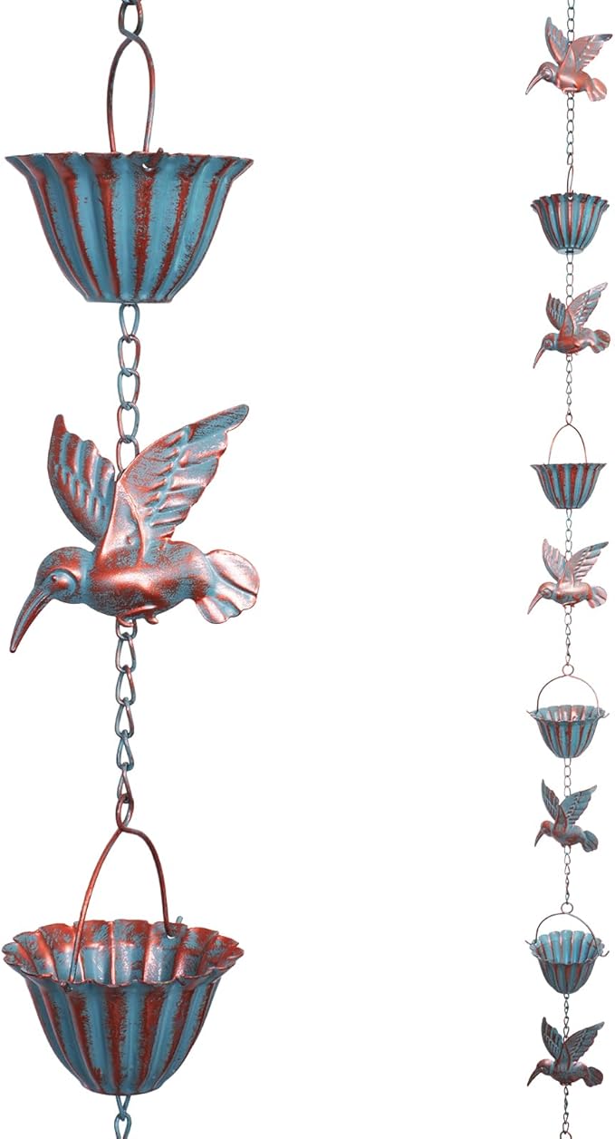 Rain Chains for Gutters, 8.8 Ft Rain Chains with 8 Cups & 9 Hummingbird Decor, Rain Barrels to Collect Rainwater from Gutter, Gutter Downspout Extensions